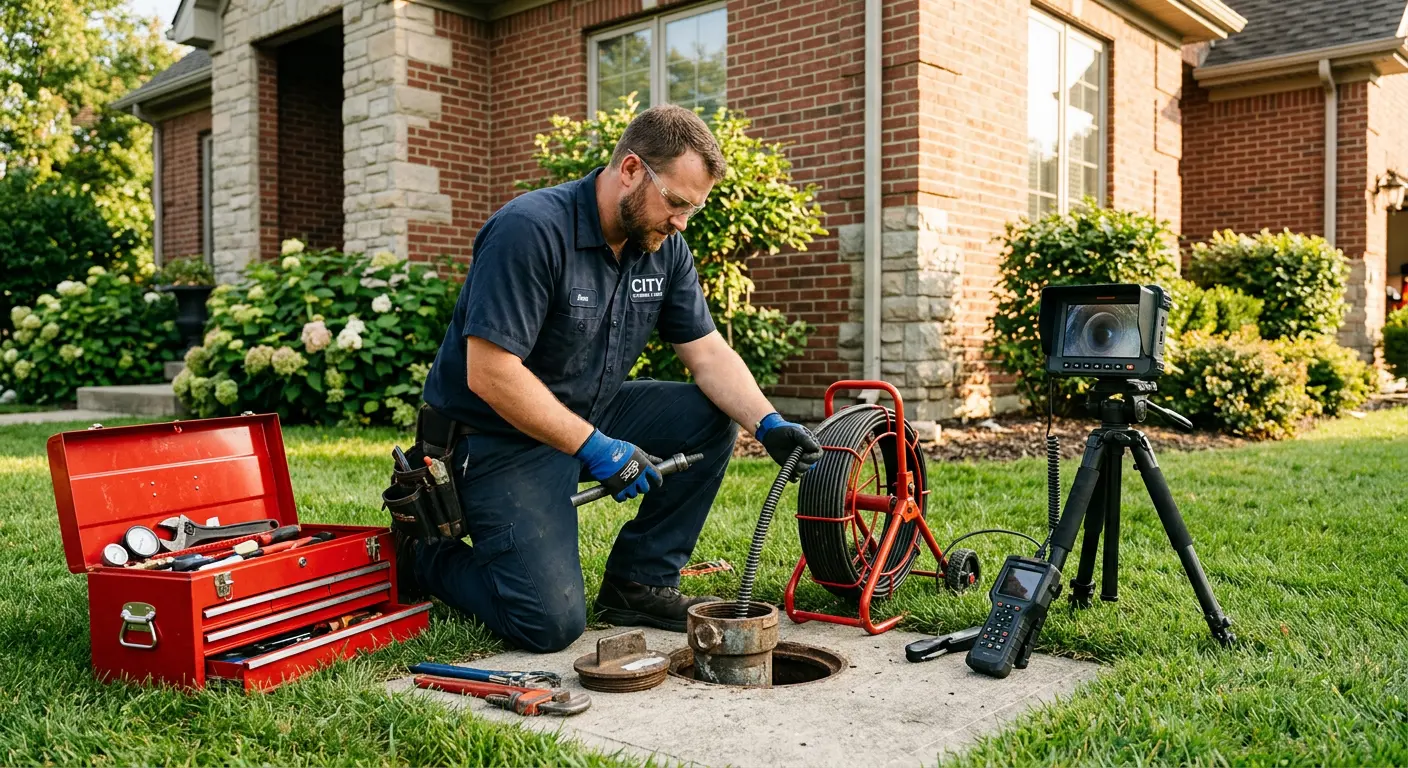 Sewer specialist with camera equipment servicing a cleanout in Kankakee
