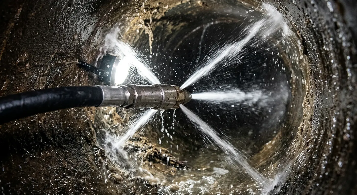 High-pressure hydro jetting nozzle cleaning sewer pipe for Storm Drain Cleaning in Kankakee