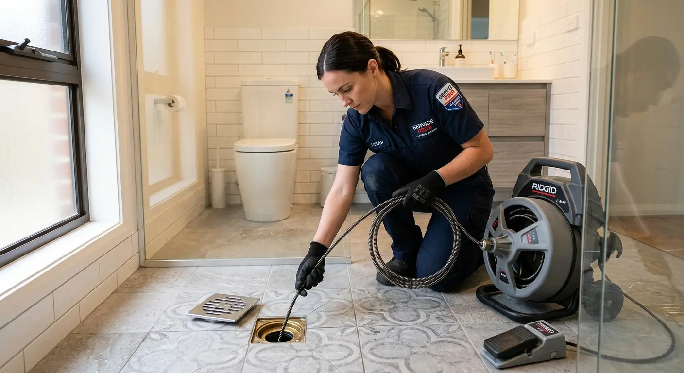 Technician clearing a bathroom floor drain for Sewer Line Installation in Kankakee